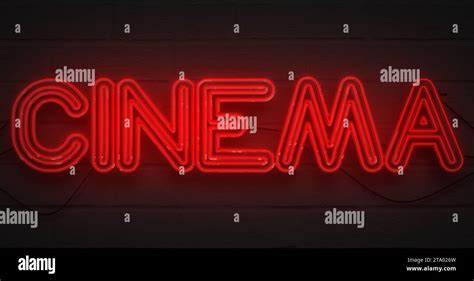 3D rendering flickering blinking red neon sign on dark brick background, cinema movie film ...