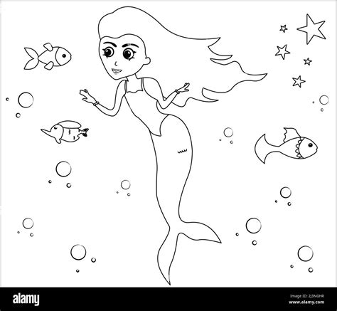 (Mermaid Coloring Page: 1) Cute mermaid with goldfishes, green grass, water bubbles on ...