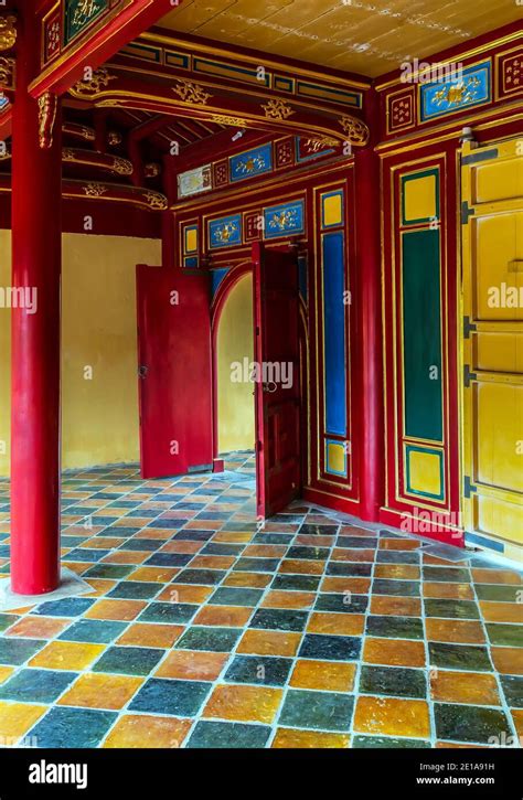 Buddhist temple architecture Forbidden Purple City. Red wooden hall detail interior decorations ...