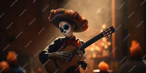 Premium AI Image | A skeleton playing a guitar in a dark room.