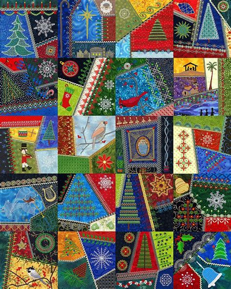 Each square is a crazy quilt type design. Sew together for table topper or runner, purse or bag ...