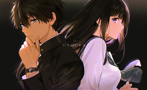 black hair brown hair chitanda eru close green eyes hyouka long hair ...