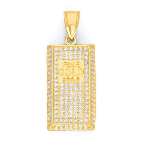 14k Gold 999.9 Pure Gold Bar Pendant with CZ Stones - The Golden Bazaar