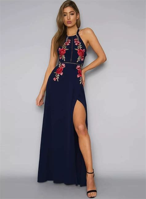 Sleeveless Halter Neck Floral Embroidery Maxi Prom Evening Dress ...