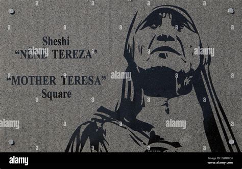 The inscription on the Square of Mother Teresa in the center of Tirana ...