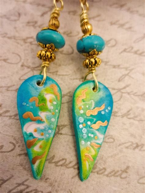 Turquoise and Artisan Polymer Clay Earrings, Boho Gemstone Light Weight Earrings in Aqua Lime ...