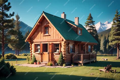 Premium Photo | A small log cabin with a green roof and a green roof.