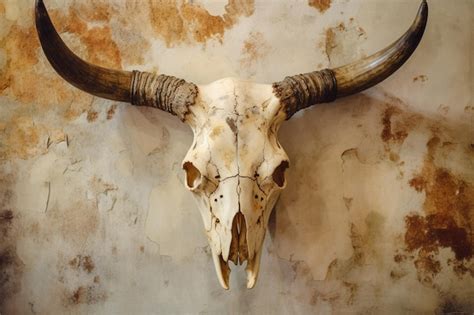 Premium AI Image | A bull skull with horns on a wall