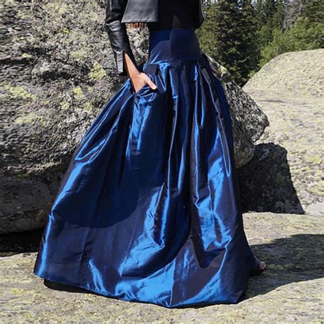 England Style Taffeta Long Skirts For Women Puffy Floor Length Maxi Skirt With Pockets Wide ...