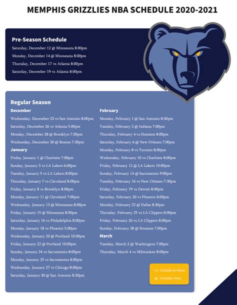 Printable Memphis Grizzlies schedule for 2020-21 NBA season ...