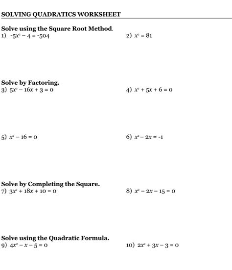 SOLVED: SOLVING QUADRATICS WORKSHEET Solve using the Square Root Method 1) -5x - 4 =-504 2) x ...