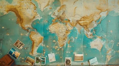 A world map on a wall with travel photos and souvenirs pinned to it | Premium AI-generated image