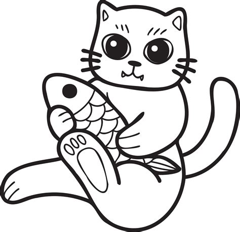 Free Hand Drawn cat eating fish illustration in doodle style 17303183 ...