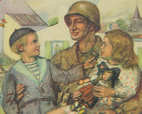 Vintage World War II Christmas Card 1944 WWII Soldier Children France - Postcards