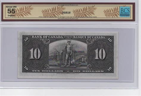 1937 Bank of Canada $10 Ten Dollar Banknote - BCS Certified Almost UNC ...