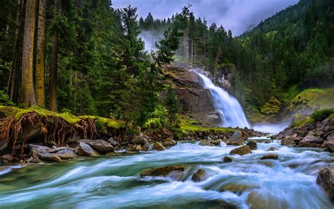 Krimml Waterfalls In Salzburg National Park Hohe Tauern Austria Mountain River Rock Pine Trees ...