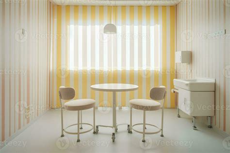 Interior of a hospital room with a round table and chairs and a window ...