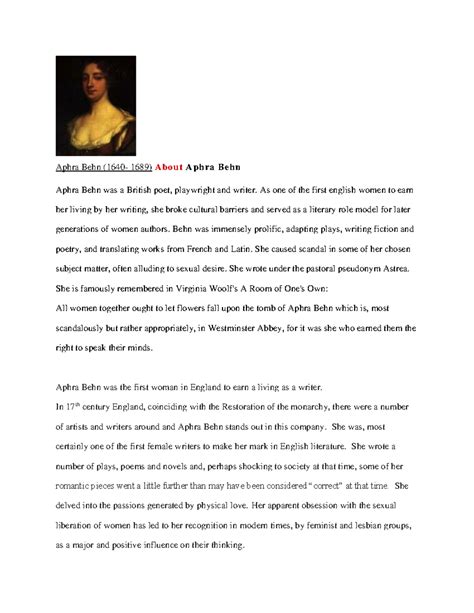 Aphra Behn Biography - Aphra Behn (1640- 1689) About Aphra Behn Aphra Behn was a British poet ...