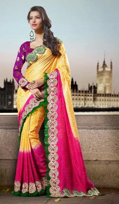 Yellow and Pink Embroidered Jacquard Saree 26397 | Bollywood saree, Saree, Wedding saree indian