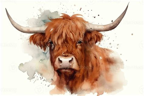 Scottish highland cow head handdrawn watercolor illustration year of the ox 2021. AI Generated ...