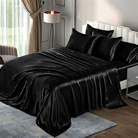 P Pothuiny 6 Pieces Full Satin Sheets Luxury Silky Black Satin Bedding ...