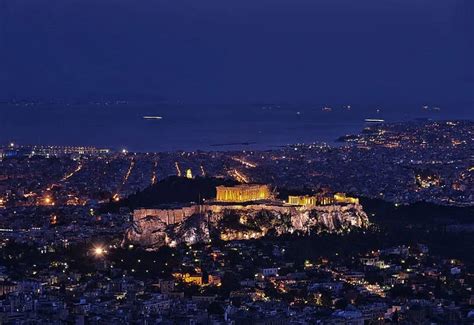 Acropolis. Hill of Acropolis in Athens, Greece at night