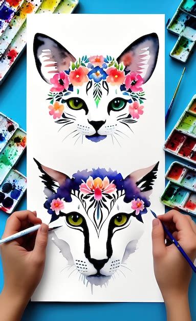 Premium Photo | A drawing of a cat with flowers on it