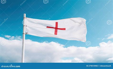 White Flag with a Red Cross Against a Blue Sky Stock Illustration ...