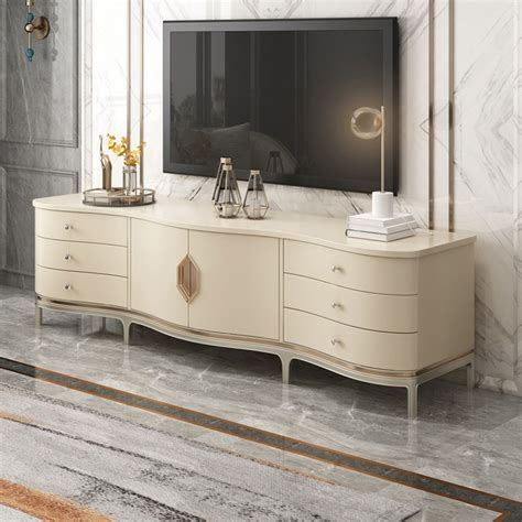 Modern Beige TV Stand with 2 Doors & 6 Drawers for TVs up to 85"