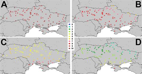 Climate match maps of Ukraine showing areas with highest probability of ...