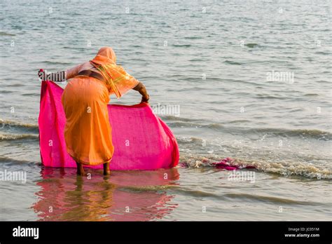 A woman is washing her sari on the beach of Ganga Sagar, celebrating ...