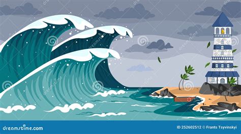 Vector Illustration Natural Disaster. Cartoon Landscape with Tsunami ...