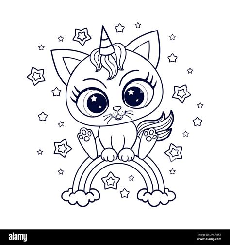 Little kitten unicorn on a rainbow. Black and white, linear drawing. Vector Stock Vector Image ...