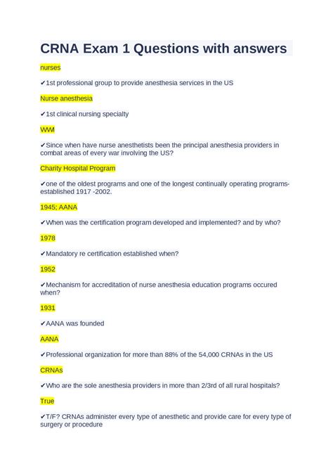 CRNA Exam 1 Questions with answers | Exams Nursing | Docsity