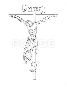 Jesus Christ on the Cross Medieval Style Line Art Drawing: Graphic ...