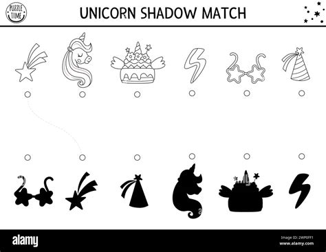 Unicorn black and white shadow matching activity with rainbow cake, birthday cap, falling star ...