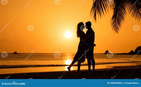 Silhouette of Romantic Couple on a Beach at Sunset Stock Illustration - Illustration of love ...