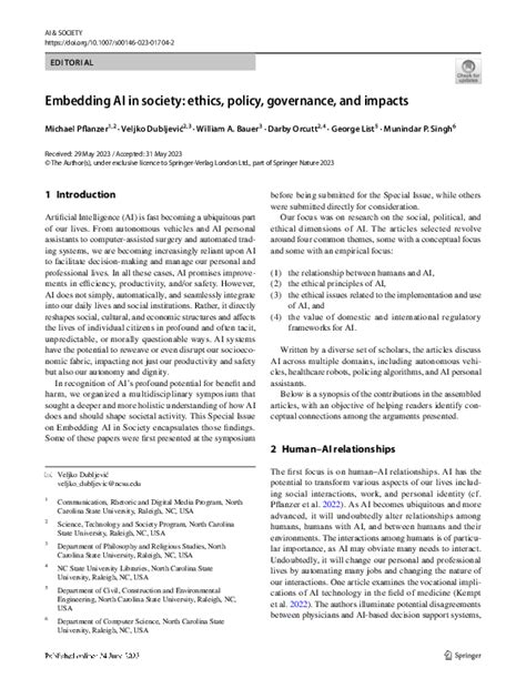 (PDF) Embedding AI in society: ethics, policy, governance, and impacts ...