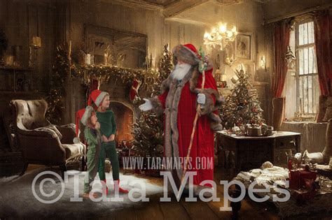 Santa Digital Backdrop - Santa in Nostalgic Scene with Fireplace and ...