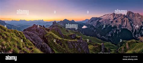 Panoramic view of mountainous dolomiti landscape around Fedaia Lake ...