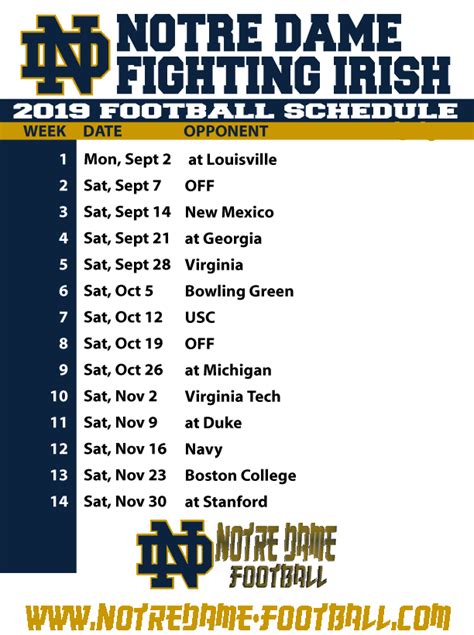 Notre Dame Football Printable Schedule