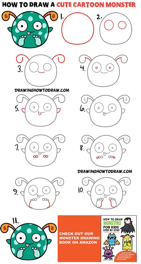 How to Draw a Cute Cartoon Monster - Super Easy Step by Step Drawing ...