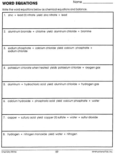 Word Equations Chemistry Worksheets