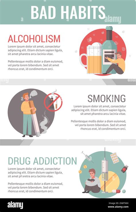 Bad habit infographics set with smoking and drug abuse addiction cartoon symbols vector ...