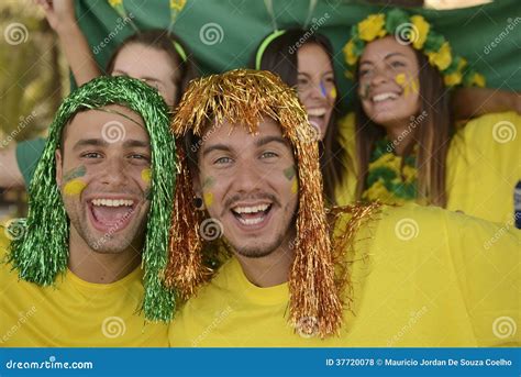 Brazilian Sport Soccer Fans Celebrating Victory Together. Stock Photo ...