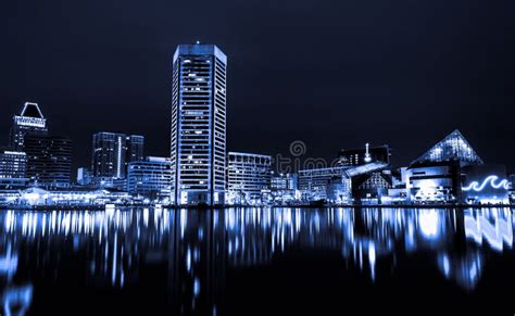 Black And White Image Of The Baltimore Inner Harbor Skyline At Night ...