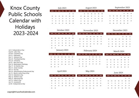 Knox County Public Schools Calendar with Holidays 2023-2024