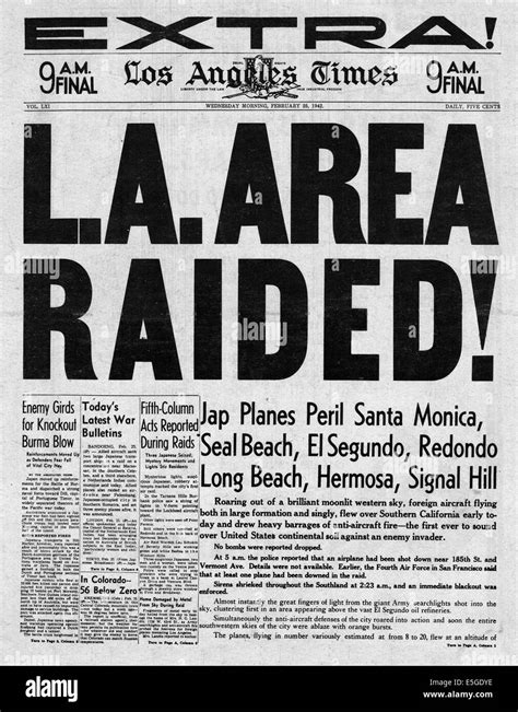 1942 Los Angeles Times front page headline falsely reporting Japanese ...