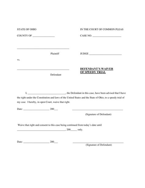 Ohio Defendant's Waiver of Speedy Trial - Fill Out, Sign Online and Download PDF | Templateroller