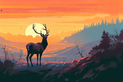 Premium AI Image | A deer in a field with a sunset in the background.